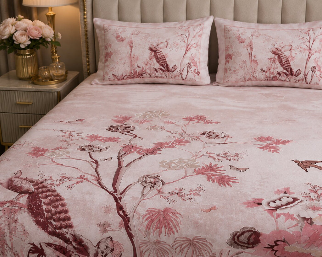 Mayur Mahal Peacock Print Double Bedsheet Set – Gulabi Rose | 100% Cotton | 180 TC | With 2 Pillow Covers