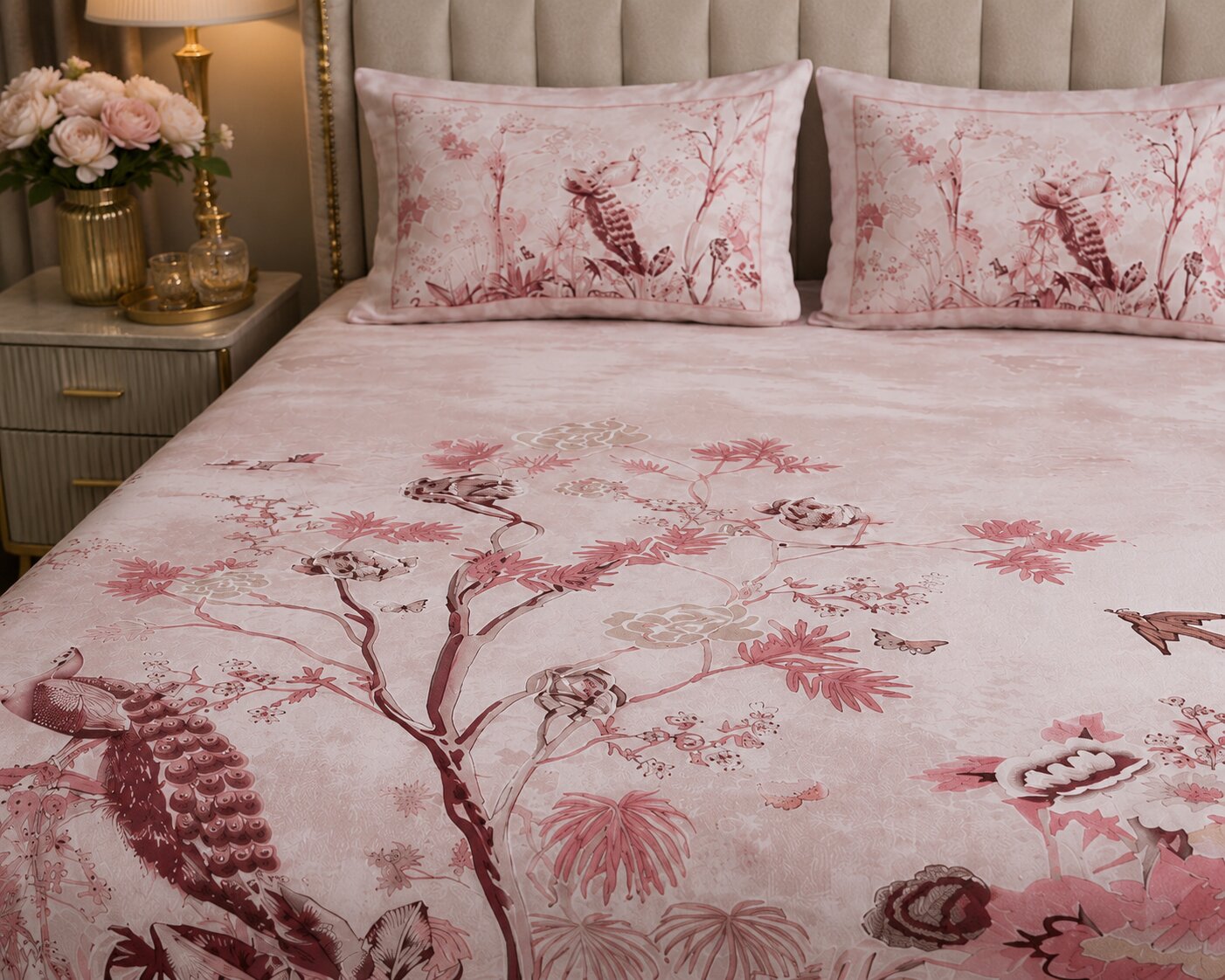 Mayur Mahal Peacock Print Double Bedsheet Set – Gulabi Rose | 100% Cotton | 180 TC | With 2 Pillow Covers