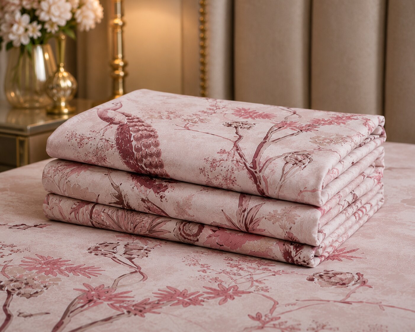 Mayur Mahal Peacock Print Double Bedsheet Set – Gulabi Rose | 100% Cotton | 180 TC | With 2 Pillow Covers