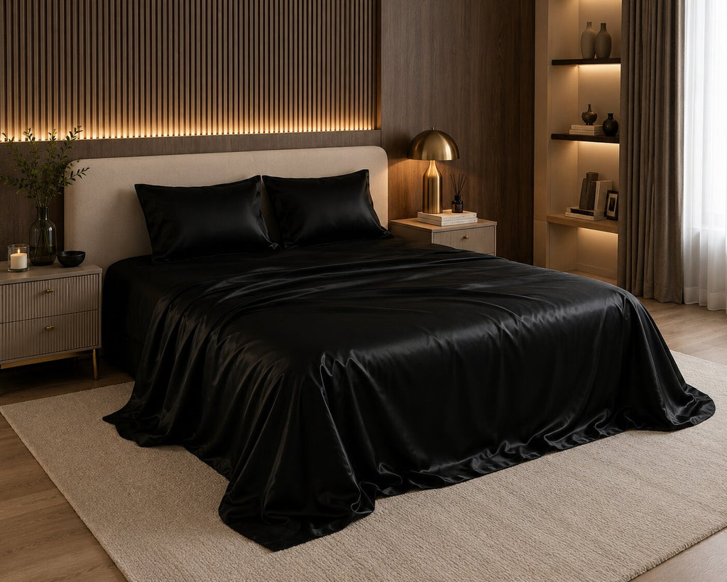 Midnight Darbar UltraSatin Silk Double Flat Bedsheet - Side View