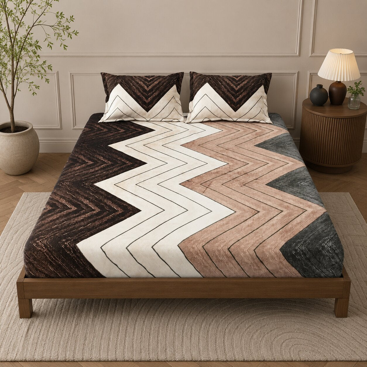 MVB Rustic Zigzag Bliss Super Soft Velvet Double Bedsheet with 2 Pillow Covers