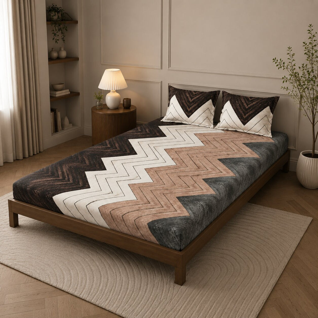 MVB Rustic Zigzag Bliss Super Soft Velvet Double Bedsheet with 2 Pillow Covers