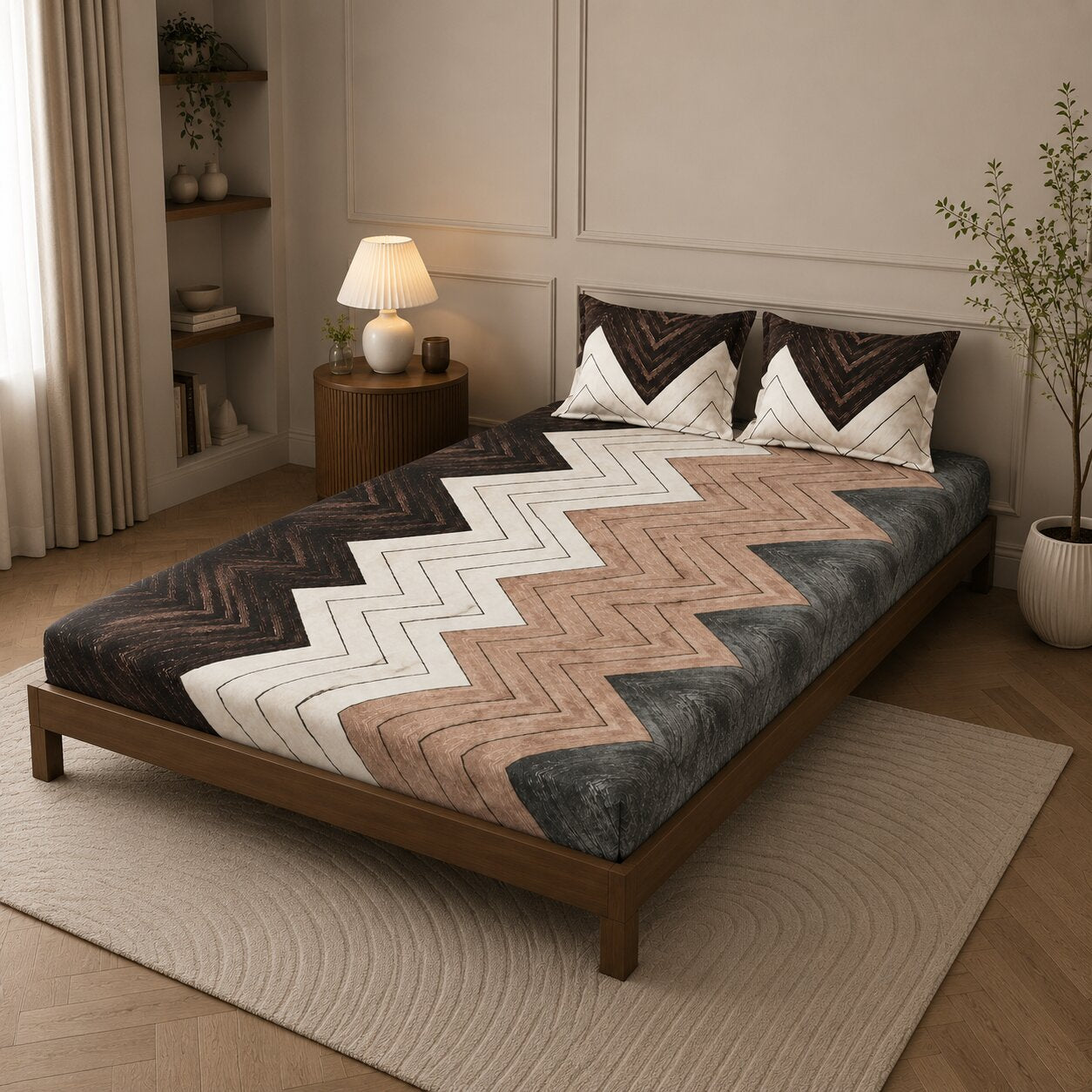MVB Rustic Zigzag Bliss Super Soft Velvet Double Bedsheet with 2 Pillow Covers