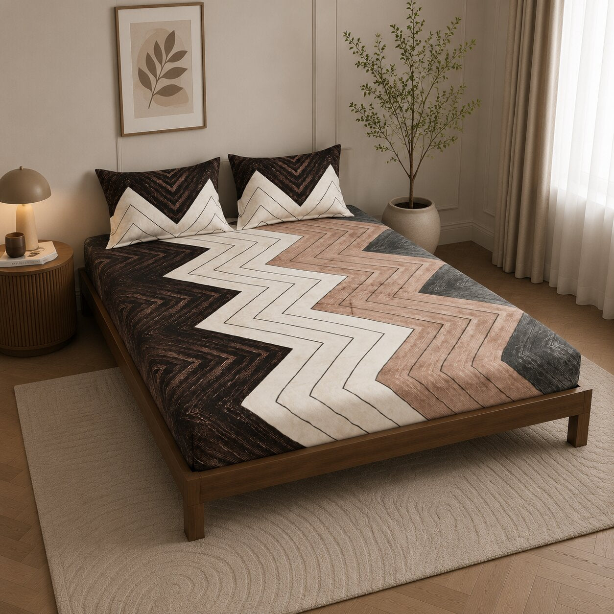 MVB Rustic Zigzag Bliss Super Soft Velvet Double Bedsheet with 2 Pillow Covers