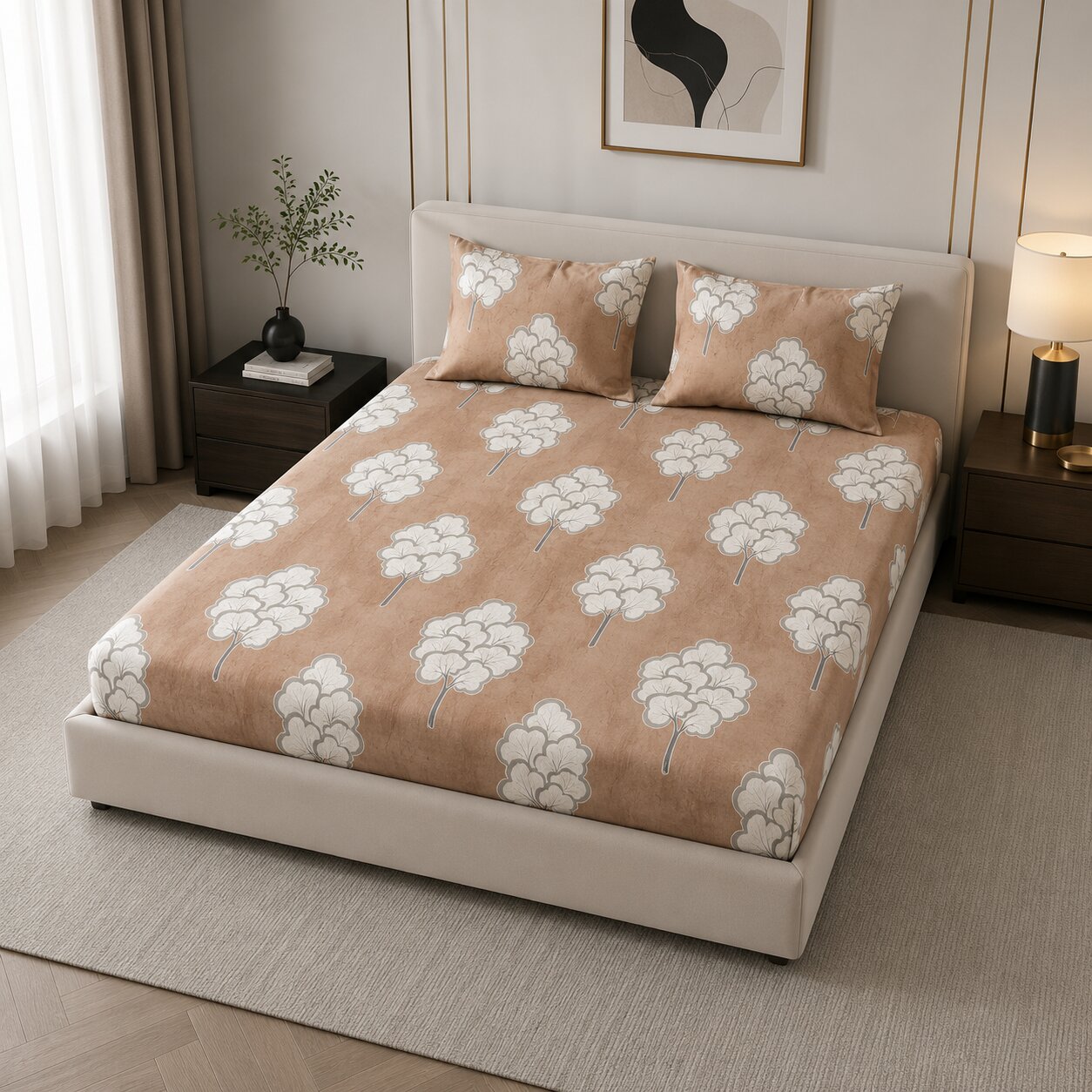 MVB Bliss Earthy Tones Floral Super Soft Velvet Double Bedsheet with 2 Pillow Covers