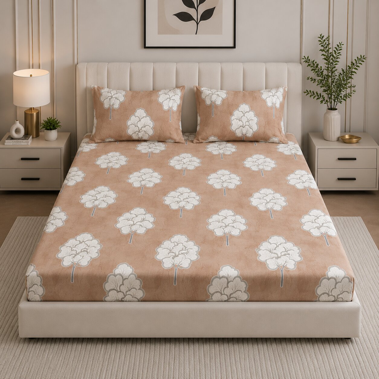 MVB Bliss Earthy Tones Floral Super Soft Velvet Double Bedsheet with 2 Pillow Covers