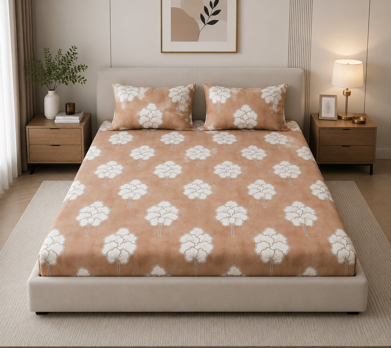 MVB Bliss Earthy Tones Floral Super Soft Velvet Double Bedsheet with 2 Pillow Covers