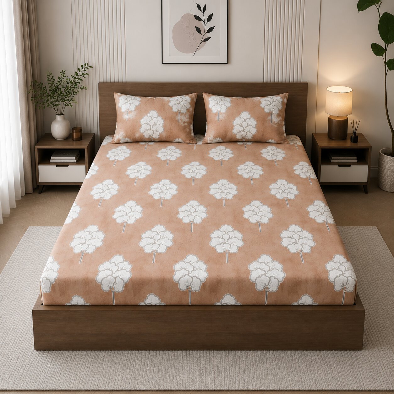 MVB Bliss Earthy Tones Floral Super Soft Velvet Double Bedsheet with 2 Pillow Covers