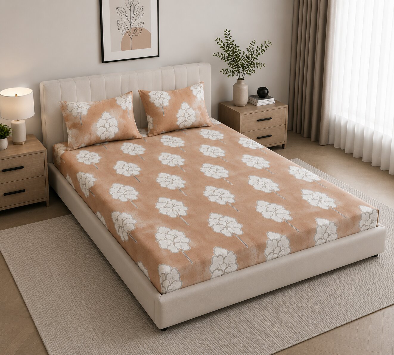MVB Bliss Earthy Tones Floral Super Soft Velvet Double Bedsheet - Beige with White Floral Print