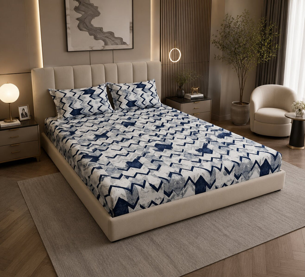 MVB Bold Blue Zigzag Super Soft Velvet Double Bedsheet