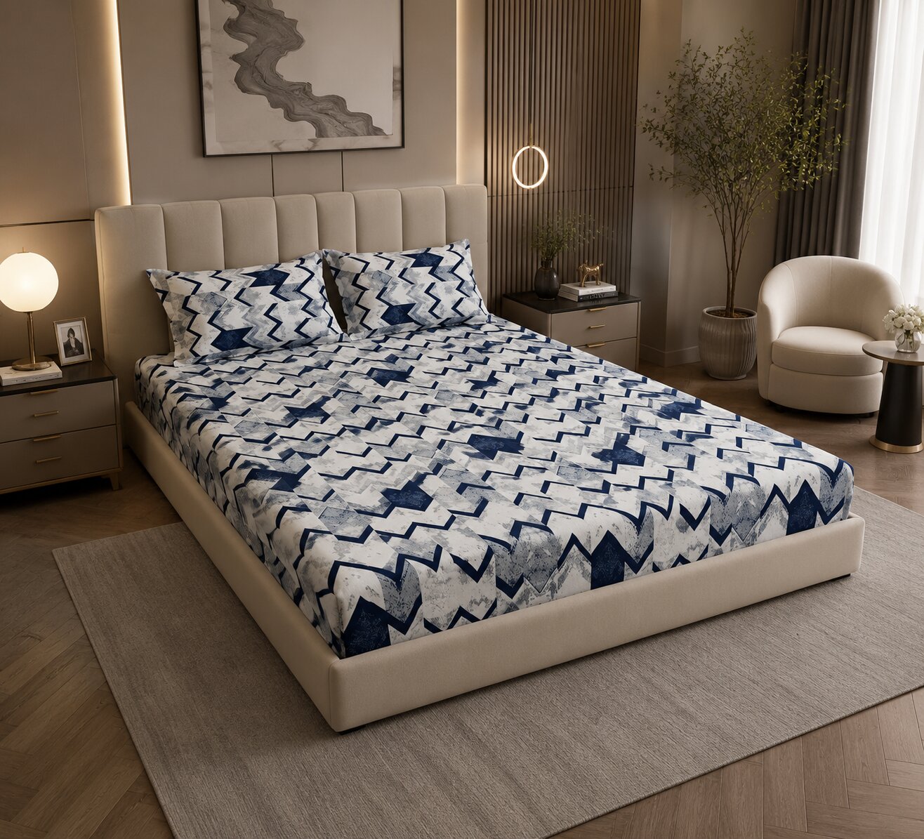 MVB Bold Blue Zigzag Super Soft Velvet Double Bedsheet