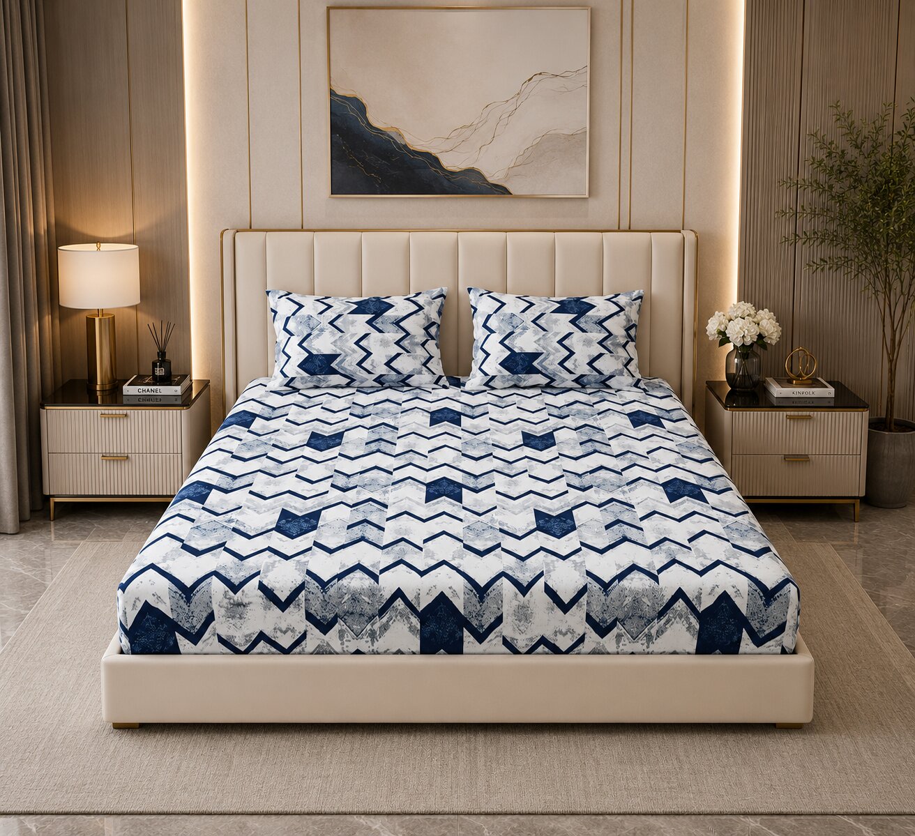 MVB Bold Blue Zigzag Super Soft Velvet Double Bedsheet