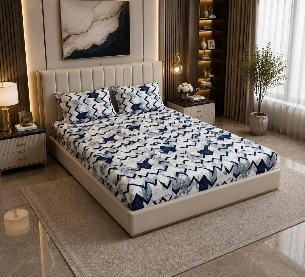 MVB Bold Blue Zigzag Super Soft Velvet Double Bedsheet