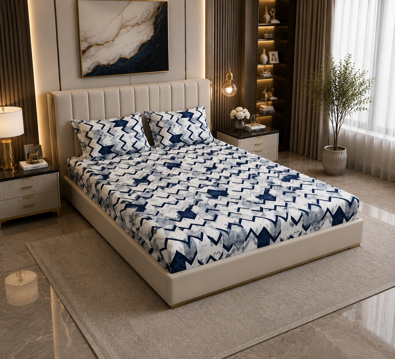 MVB Bold Blue Zigzag Super Soft Velvet Double Bedsheet