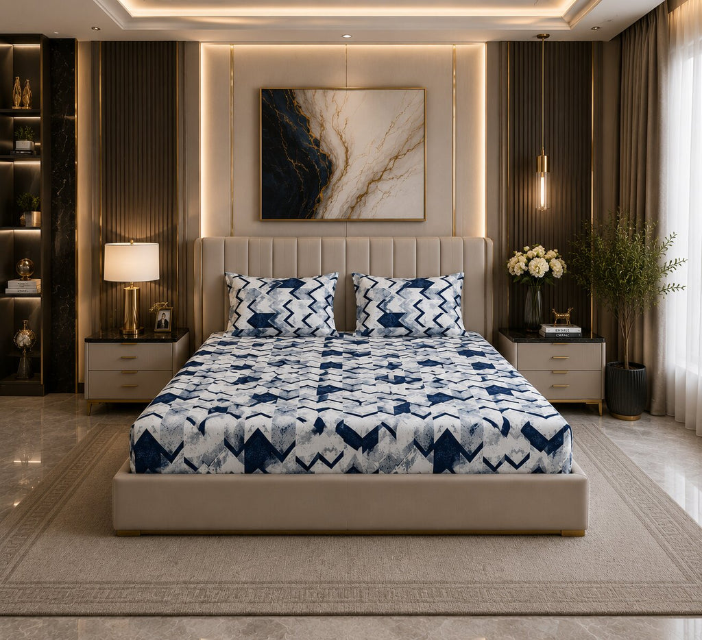 MVB Bold Blue Zigzag Super Soft Velvet Double Bedsheet