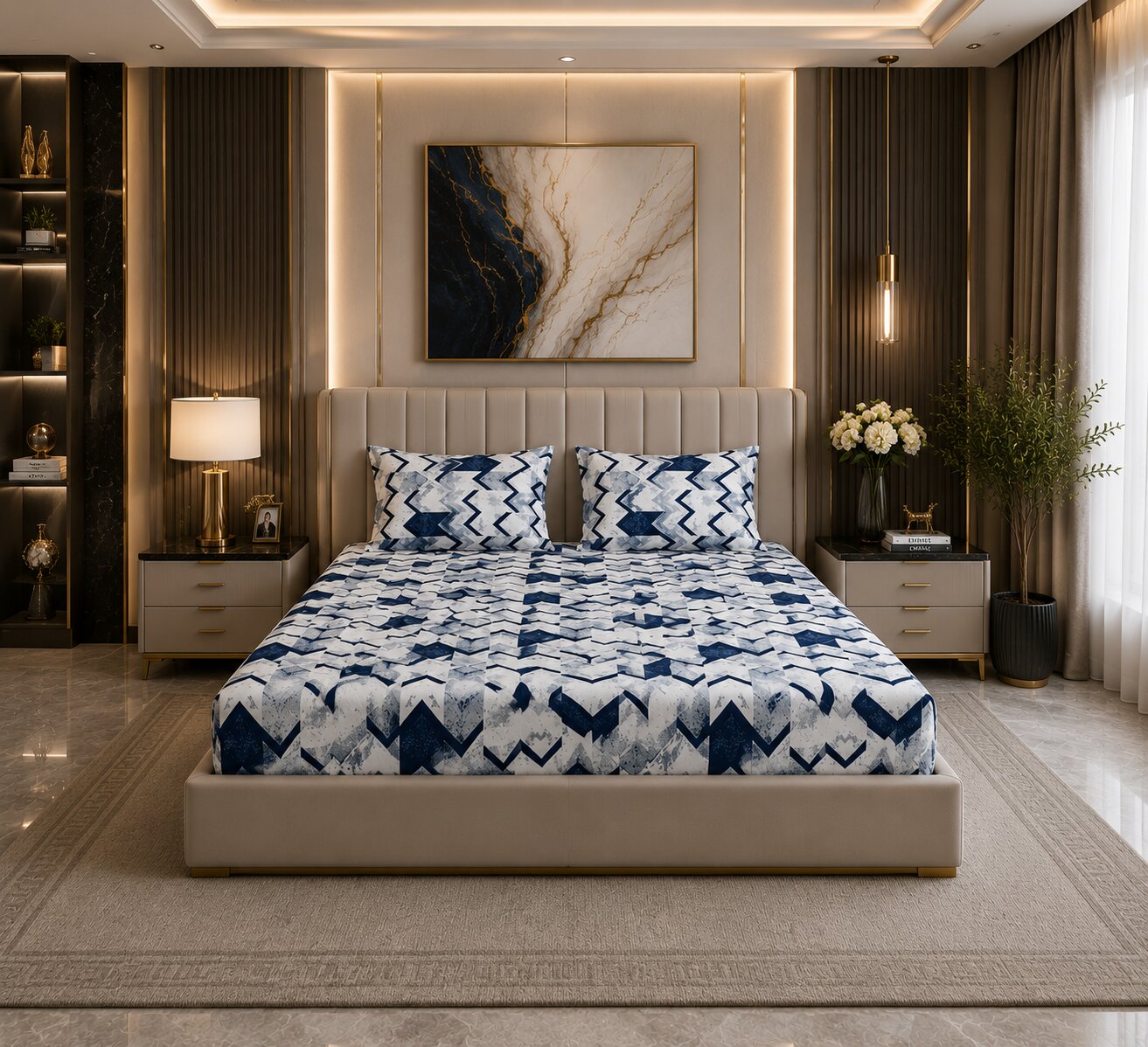 MVB Bold Blue Zigzag Super Soft Velvet Double Bedsheet