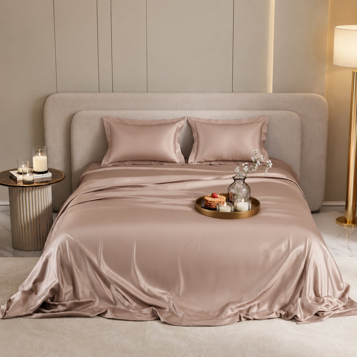 MVB Golden Hour UltraSatin Silky Smooth Flat Double Bedsheet Set - Rose Gold Lifestyle