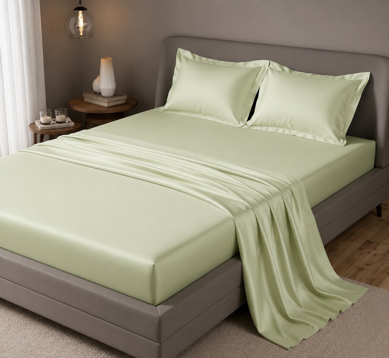 MVB Echo Beige Fitted Silk Double Bedsheet Set | Silky Smooth | UltraSatin
