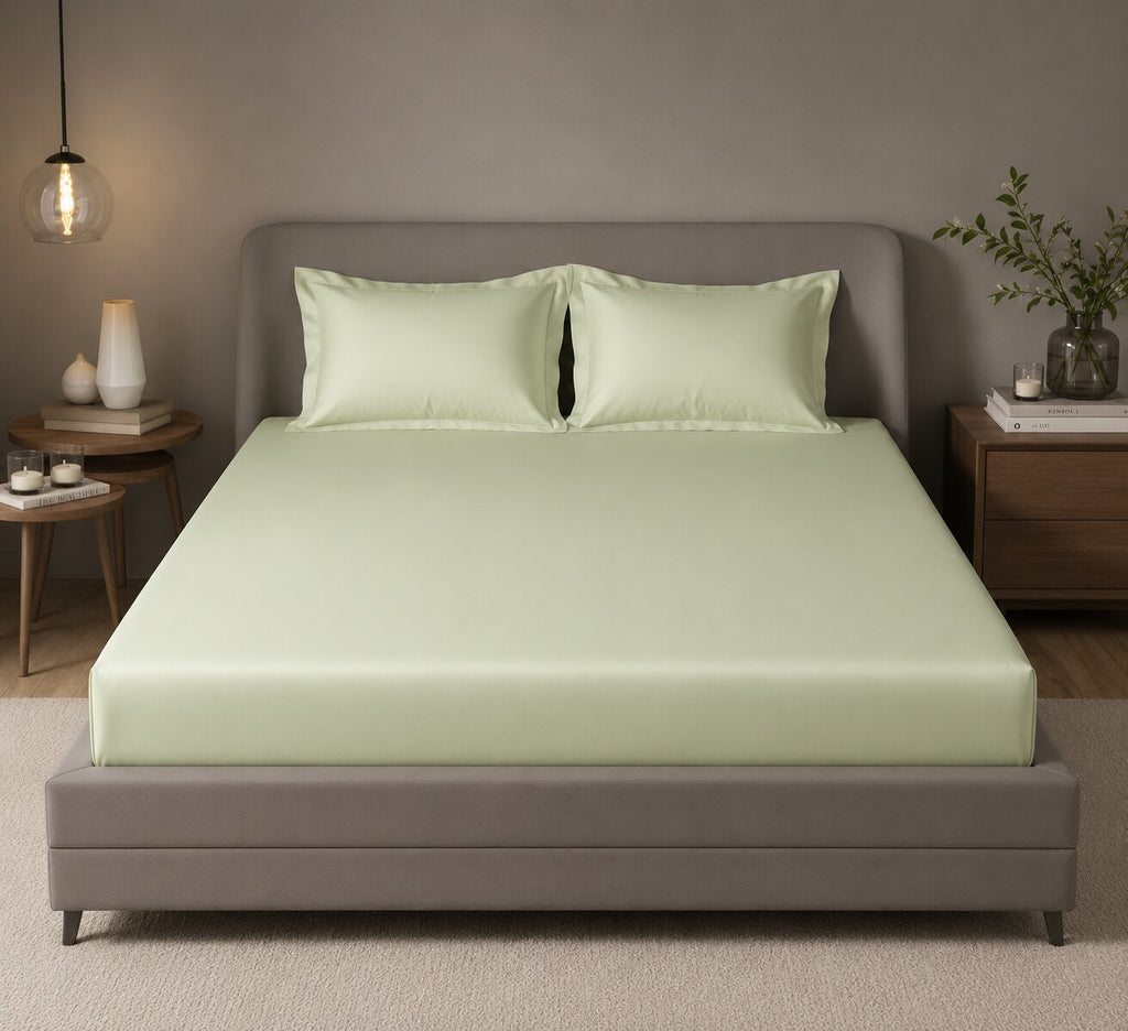 MVB Echo Beige Fitted Silk Bedsheet Set - Front View