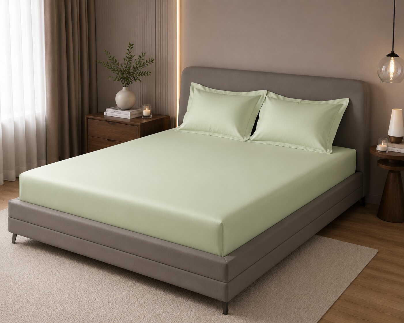 MVB Echo Beige Fitted Silk Double Bedsheet Set | Silky Smooth | UltraSatin