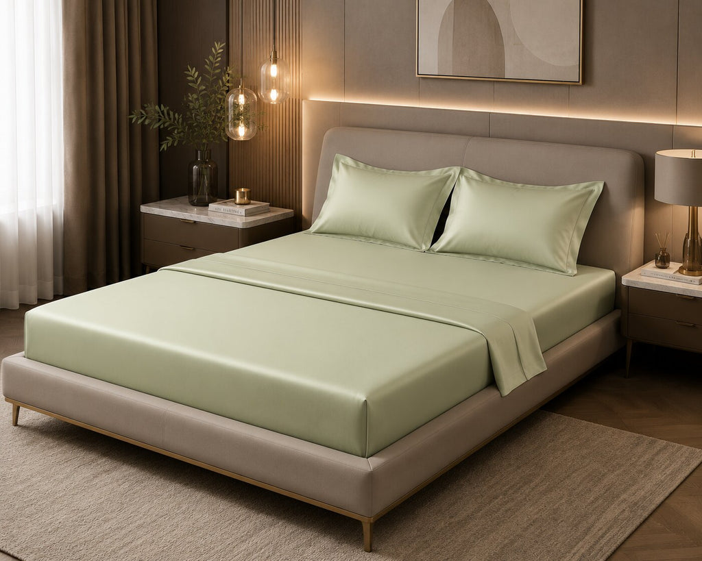 MVB Echo Beige Fitted Silk Double Bedsheet Set | Silky Smooth | UltraSatin