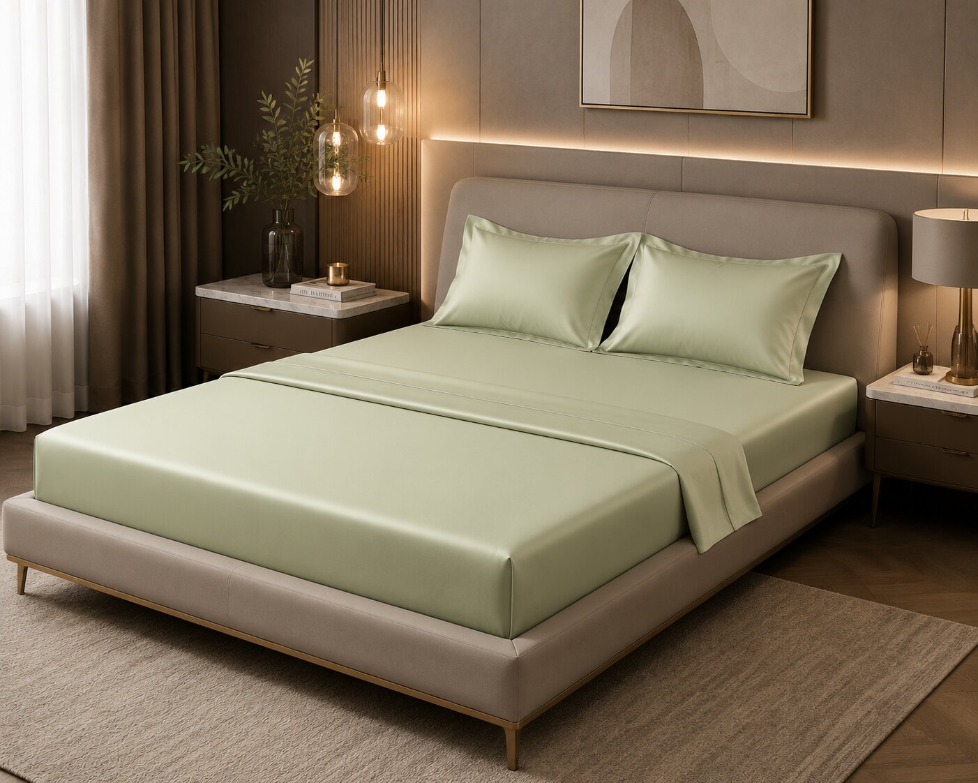 MVB Echo Beige Fitted Silk Double Bedsheet Set | Silky Smooth | UltraSatin