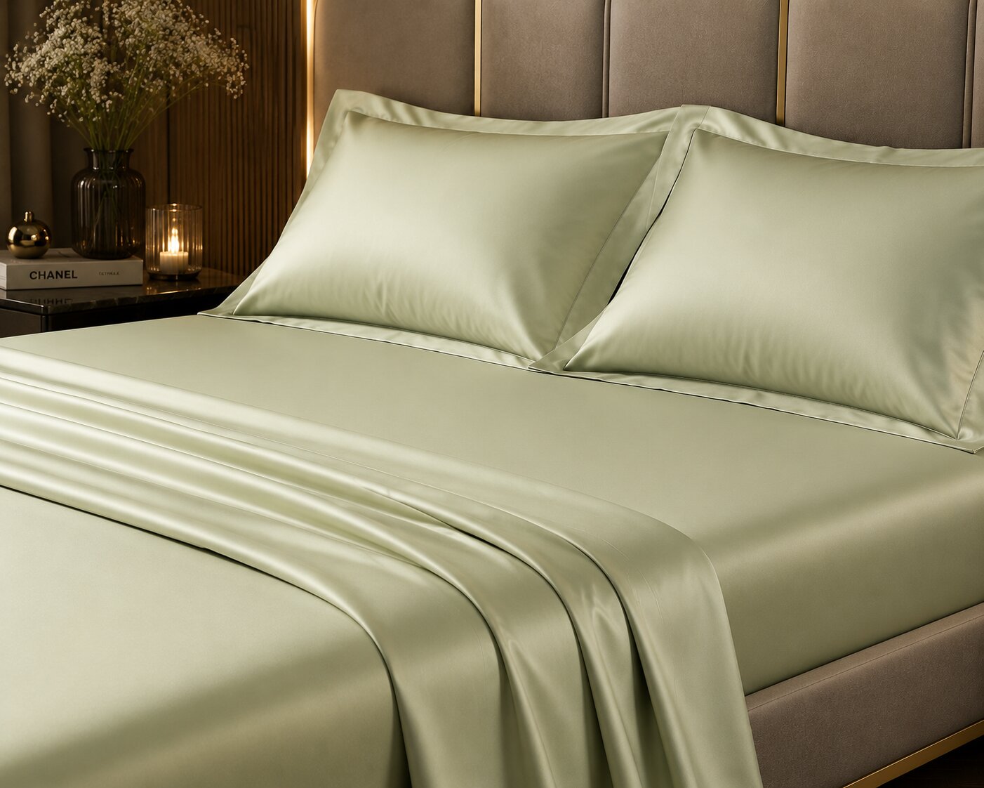 MVB Echo Beige Fitted Silk Double Bedsheet Set | Silky Smooth | UltraSatin