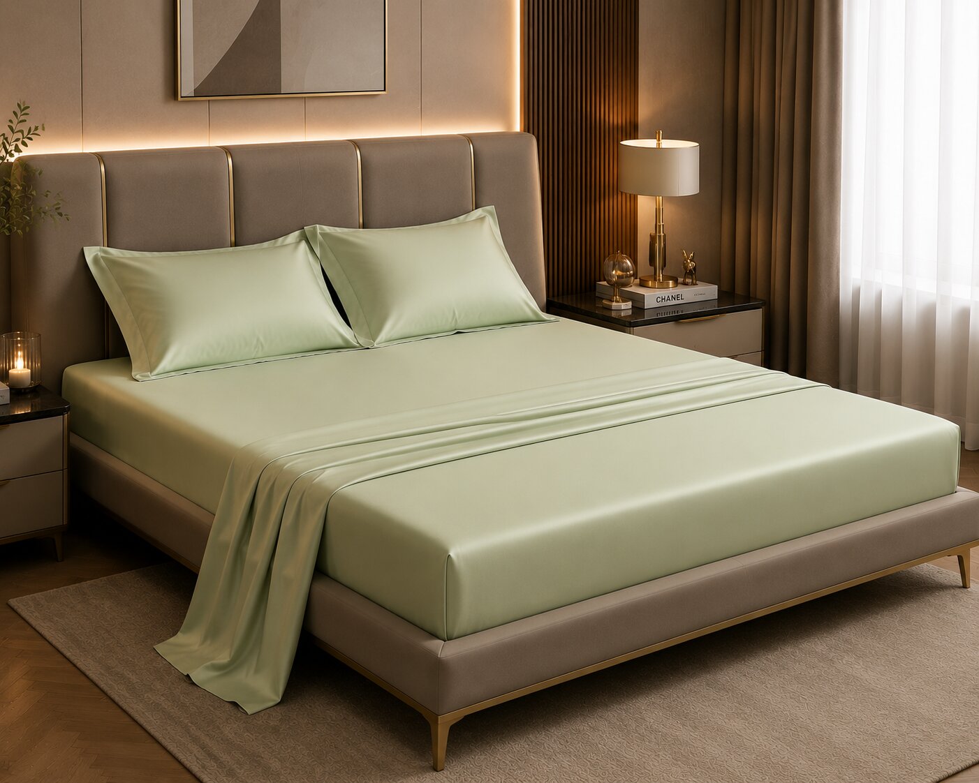 MVB Echo Beige Fitted Silk Double Bedsheet Set | Silky Smooth | UltraSatin