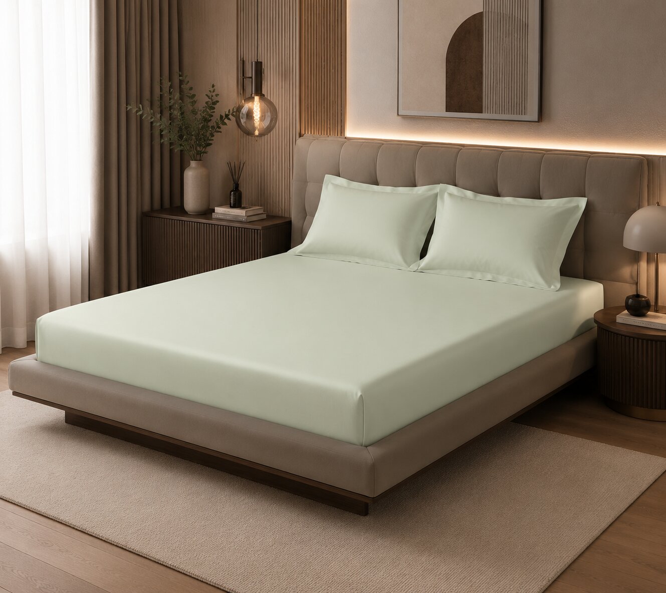 MVB Avadh Mint Fitted Silk Double Bedsheet Set | Fresh Mint Green | UltraSatin