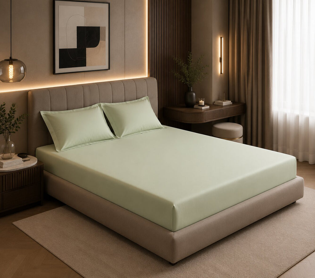 MVB Avadh Mint Fitted Silk Double Bedsheet Set | Fresh Mint Green | UltraSatin