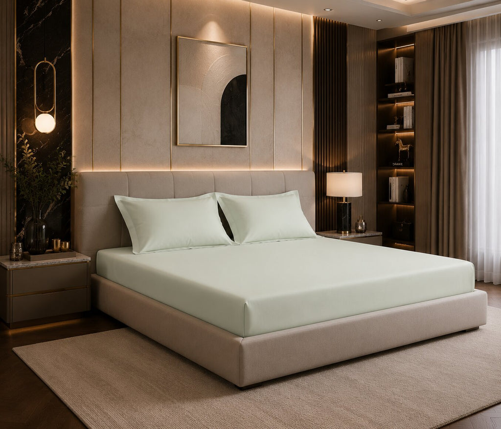 MVB Avadh Mint Fitted Silk Double Bedsheet Set | Fresh Mint Green | UltraSatin