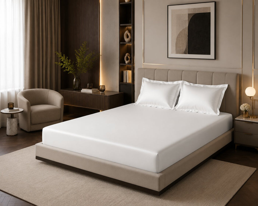 MVB Himalayan Mist Fitted Silk Double Bedsheet Set | Pure White | UltraSatin