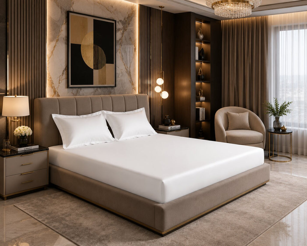 MVB Himalayan Mist Fitted Silk Double Bedsheet Set | Pure White | UltraSatin