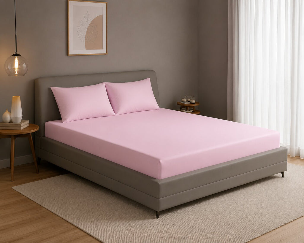 MVB Jaipur Rose Fitted Silk Double Bedsheet Set | Soft Pink | UltraSatin