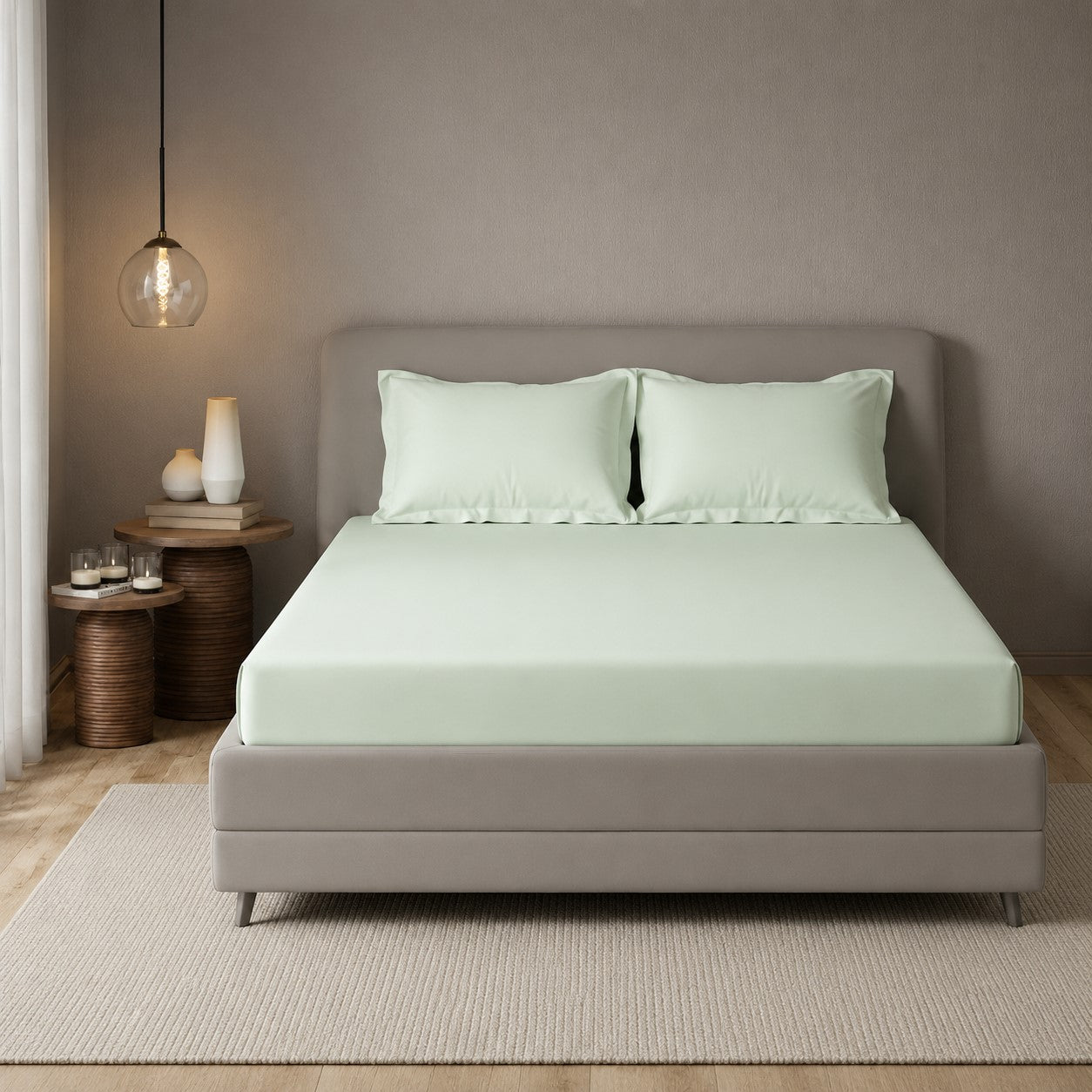 MVB Avadh Mint Fitted Silk Double Bedsheet Set | Fresh Mint Green | UltraSatin