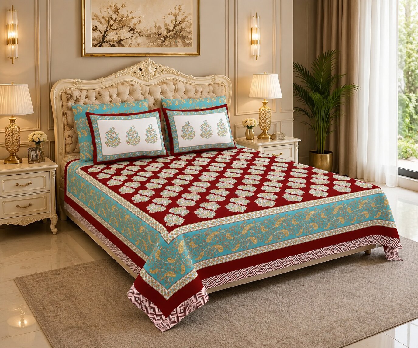 MVB Ethnic Glow Red Cotton King Size Bed Sheet Set | 280 TC | 100% Pure Cotton | 3 Pcs