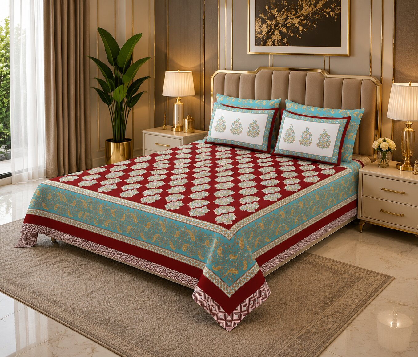 MVB Ethnic Glow Red Cotton King Size Bed Sheet Set | 280 TC | 100% Pure Cotton | 3 Pcs