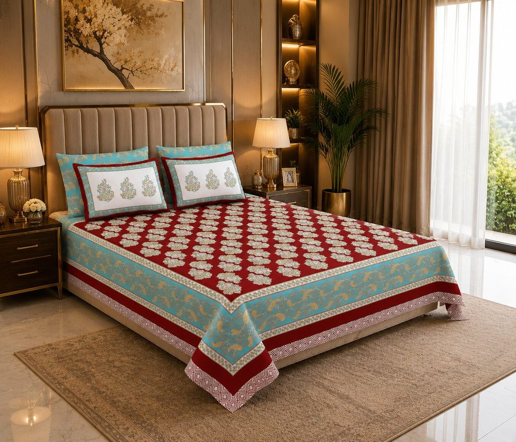 MVB Ethnic Glow Red Cotton King Size Bed Sheet Set | 280 TC | 100% Pure Cotton | 3 Pcs