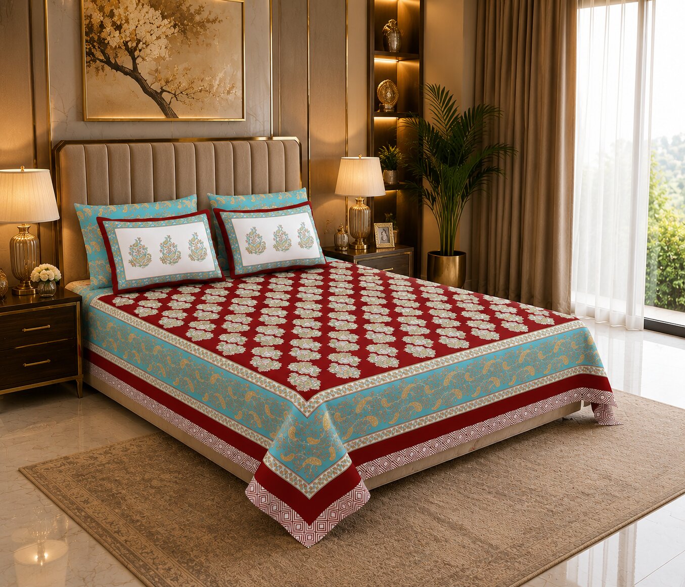 MVB Ethnic Glow Red Cotton King Size Bed Sheet Set | 280 TC | 100% Pure Cotton | 3 Pcs