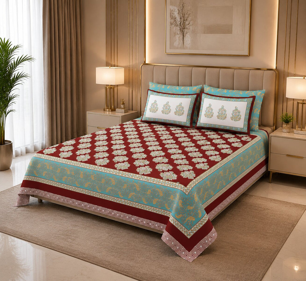 MVB Ethnic Glow Red Cotton King Size Bed Sheet Set | 280 TC | 100% Pure Cotton | 3 Pcs