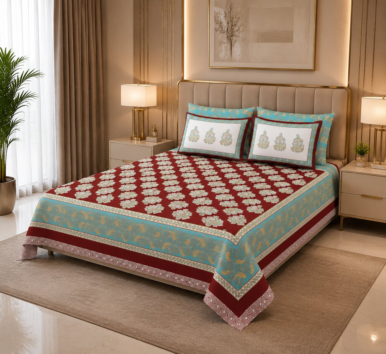 MVB Ethnic Glow Red Cotton King Size Bed Sheet Set | 280 TC | 100% Pure Cotton | 3 Pcs