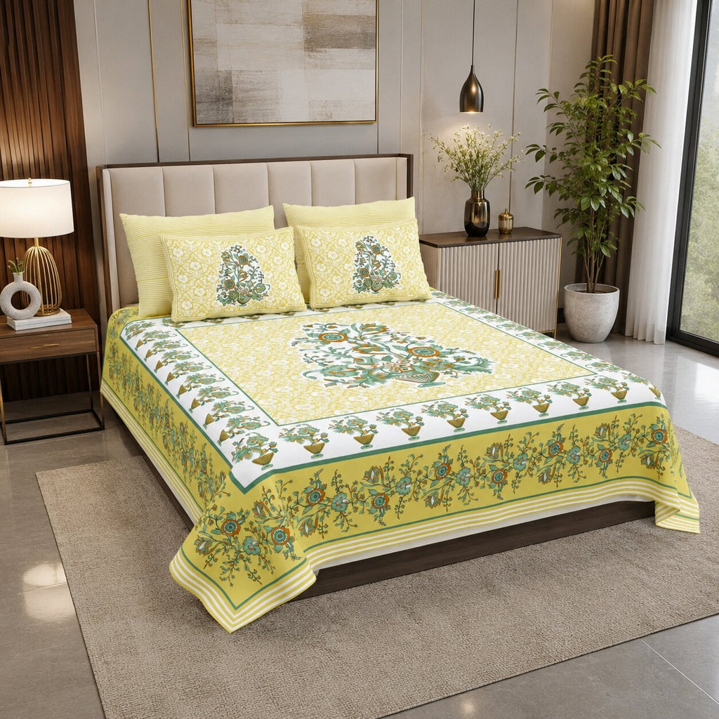 MVB Jaipuri Gamla Lemon Yellow King Size Bed Sheet Set | 280 TC | 100% Pure Cotton | 3 Pcs