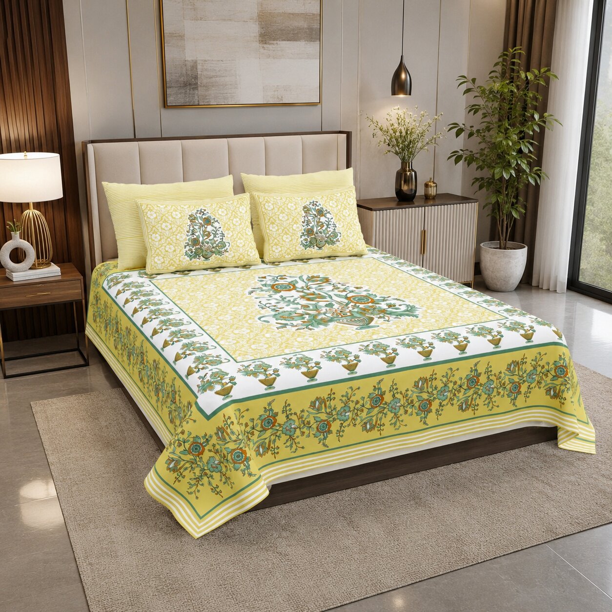 MVB Jaipuri Gamla Lemon Yellow King Size Bed Sheet Set | 280 TC | 100% Pure Cotton | 3 Pcs