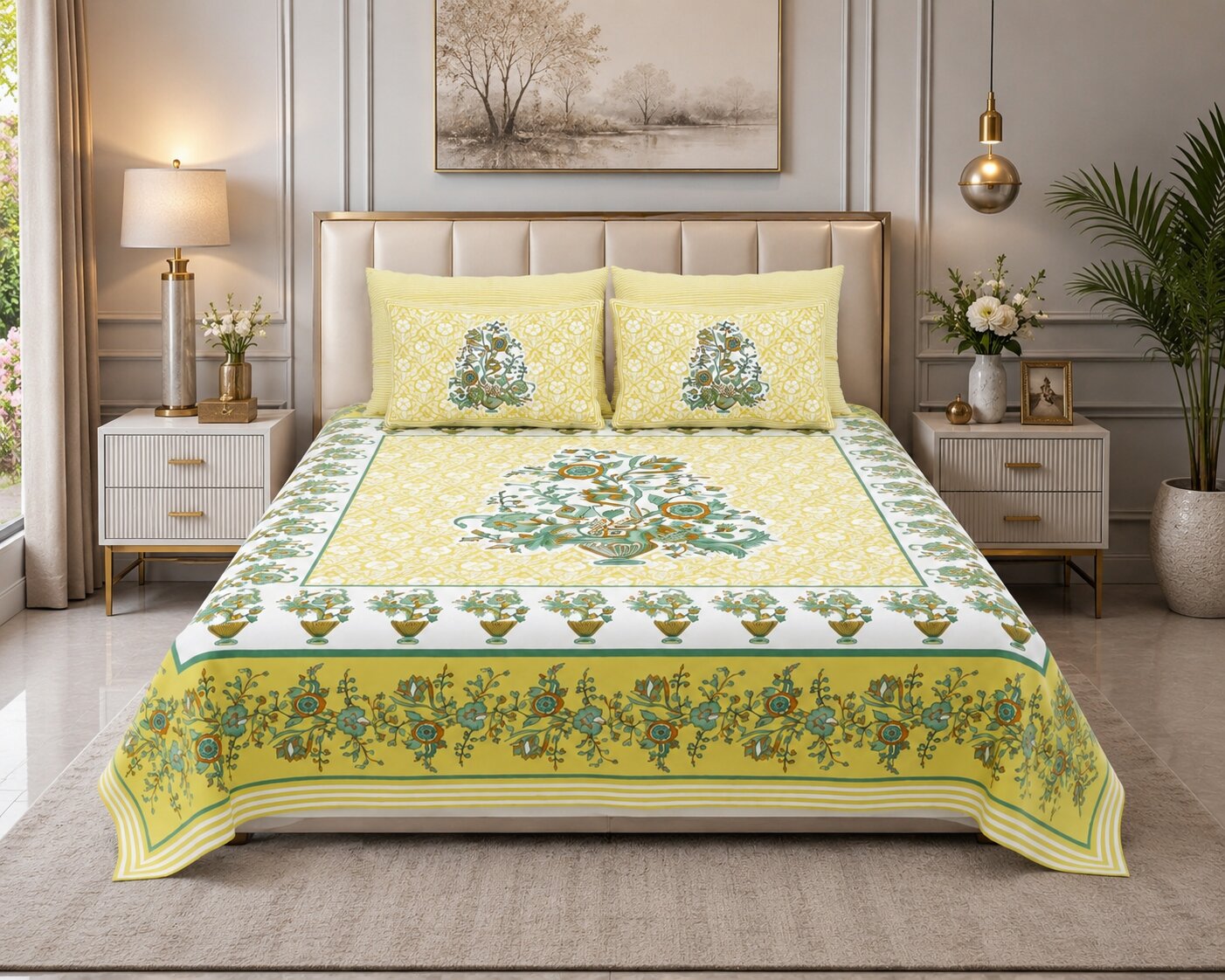 MVB Jaipuri Gamla Lemon Yellow King Size Bed Sheet Set - Full View