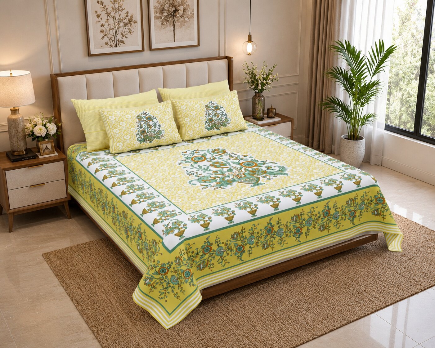 MVB Jaipuri Gamla Lemon Yellow King Size Bed Sheet Set | 280 TC | 100% Pure Cotton | 3 Pcs