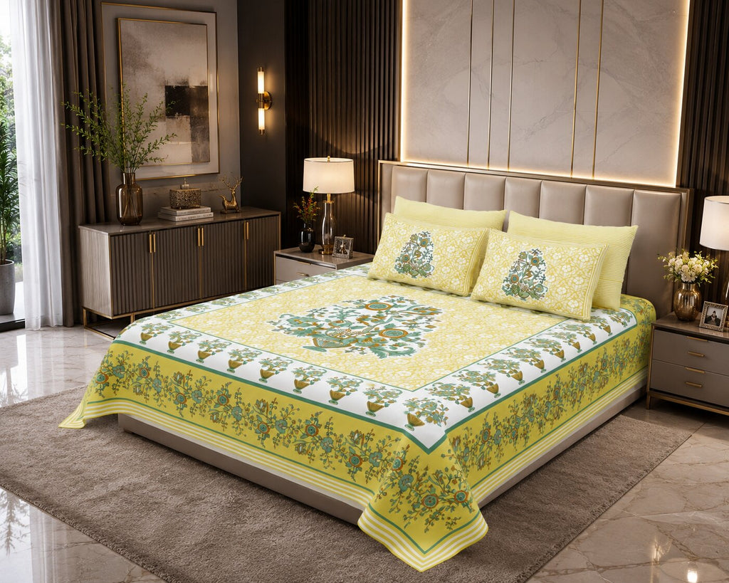 MVB Jaipuri Gamla Lemon Yellow King Size Bed Sheet Set | 280 TC | 100% Pure Cotton | 3 Pcs
