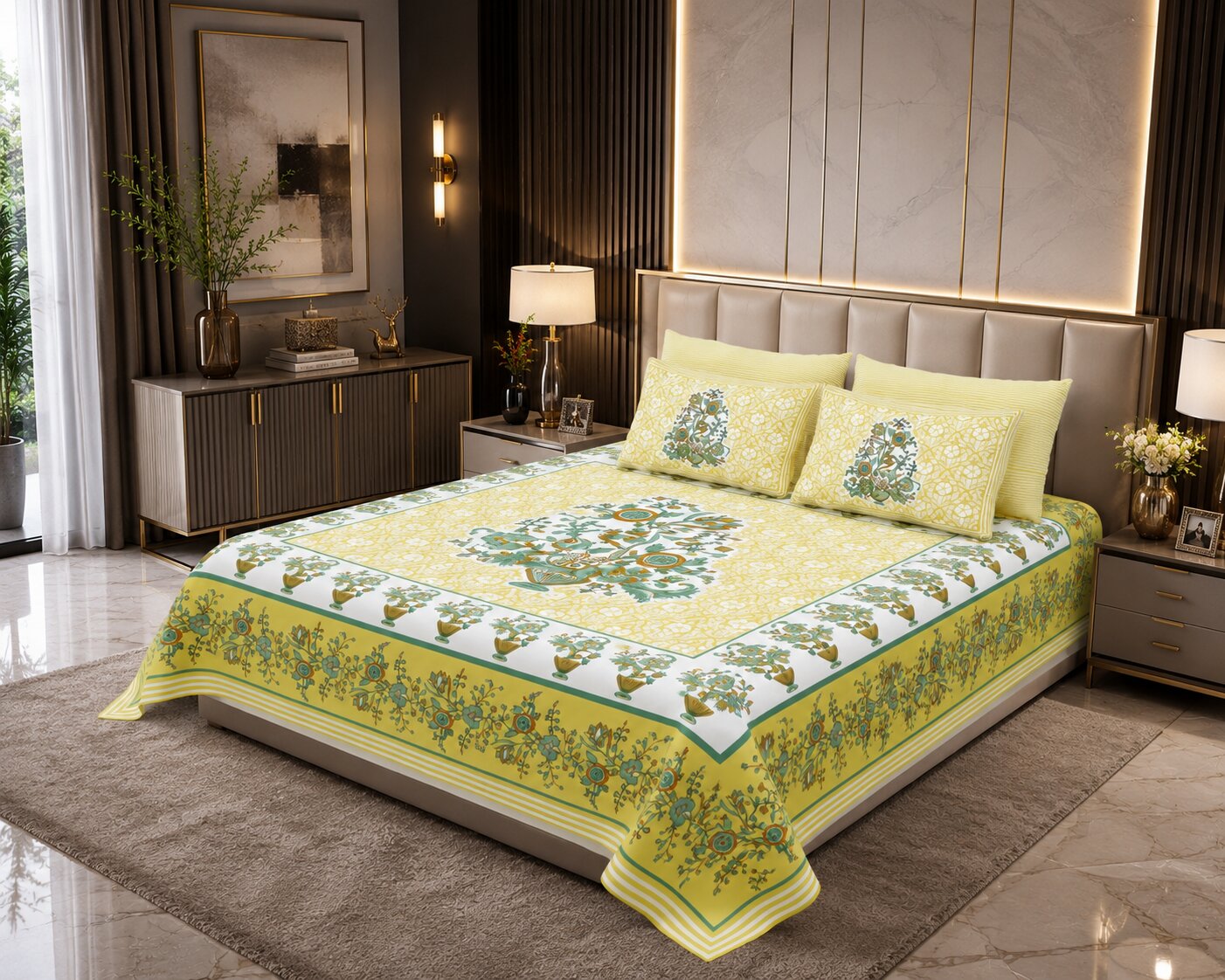 MVB Jaipuri Gamla Lemon Yellow King Size Bed Sheet Set | 280 TC | 100% Pure Cotton | 3 Pcs