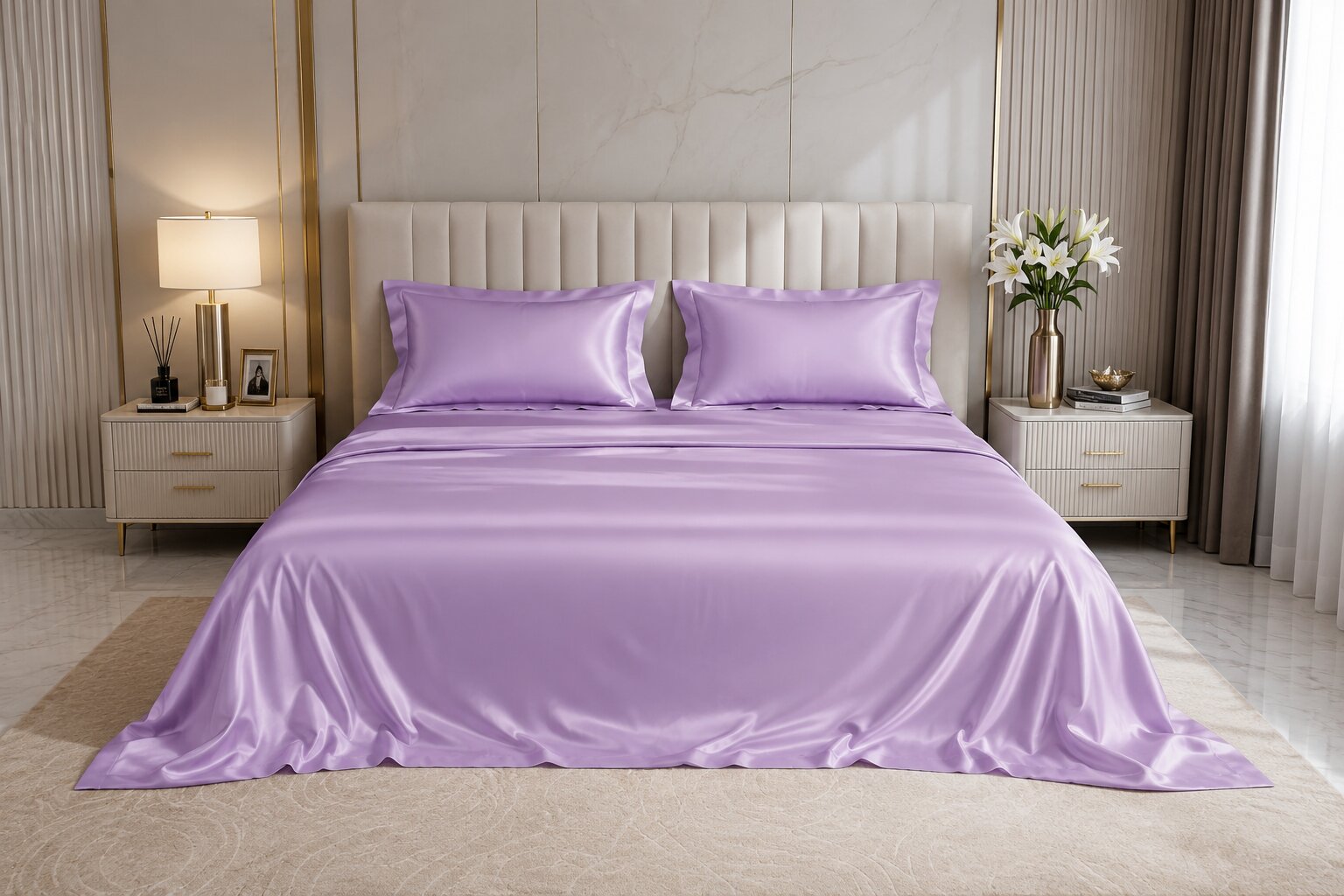 Lavender Satin Flat Bedsheet Set | Double Bed | 1 Sheet + 2 Pillow Covers