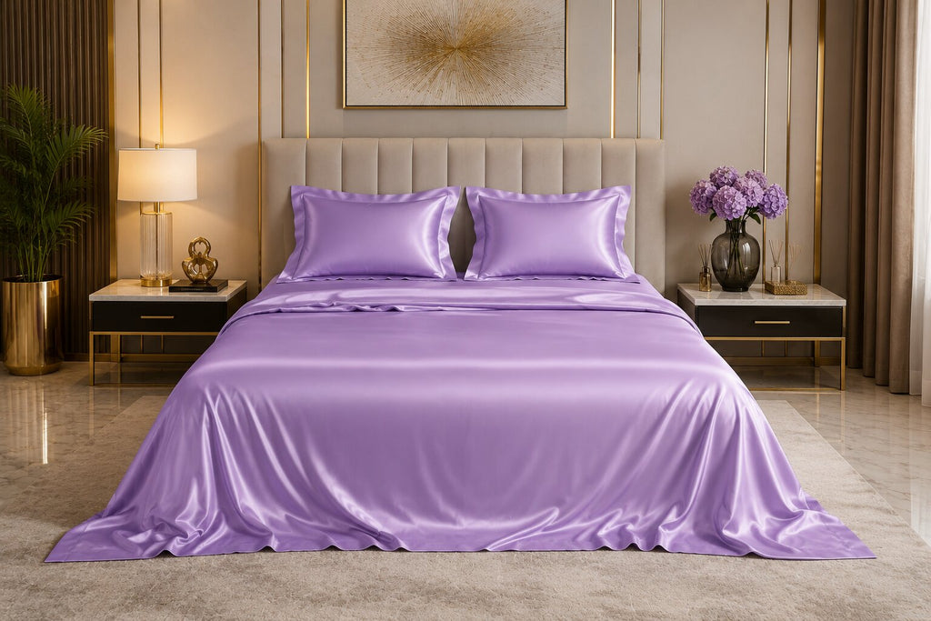 Lavender Satin Flat Bedsheet Set | Double Bed | 1 Sheet + 2 Pillow Covers