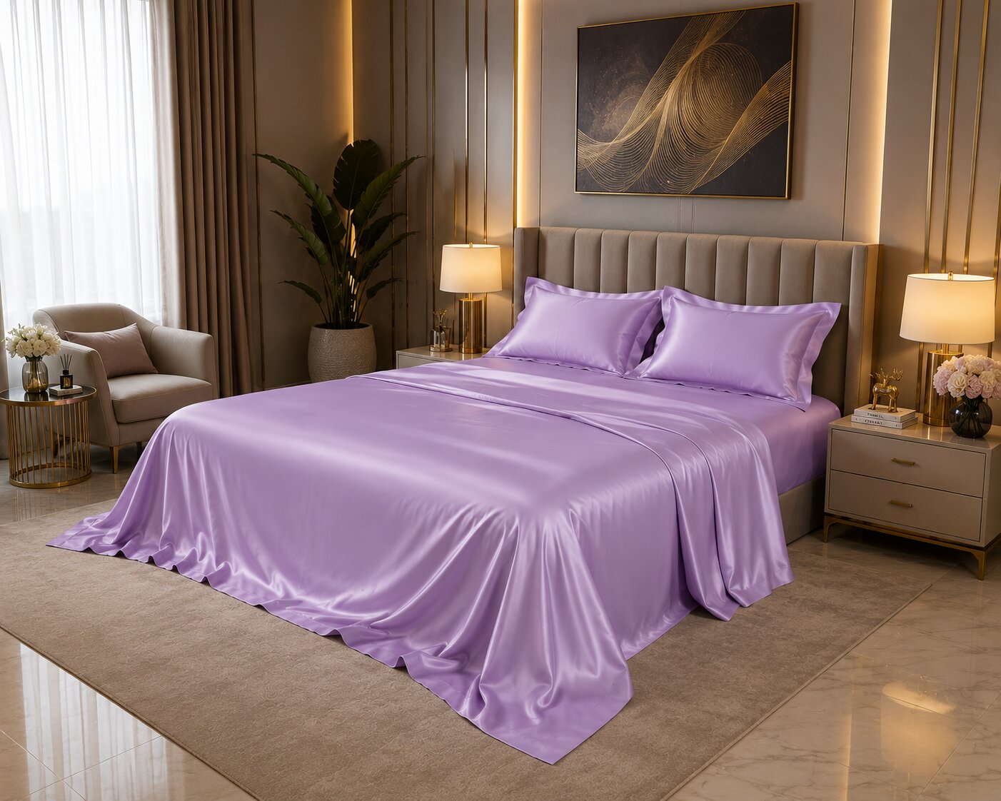 Lavender Satin Flat Bedsheet Set | Double Bed | 1 Sheet + 2 Pillow Covers